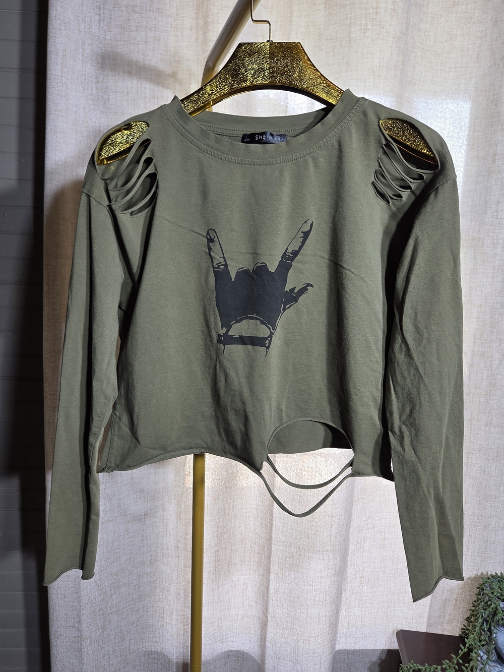 SHEIN Olive Green Distressed Cutout Long-Sleeve Crop Top